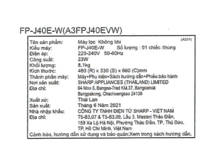 Máy lọc không khí Sharp FP-J40E-W 23W